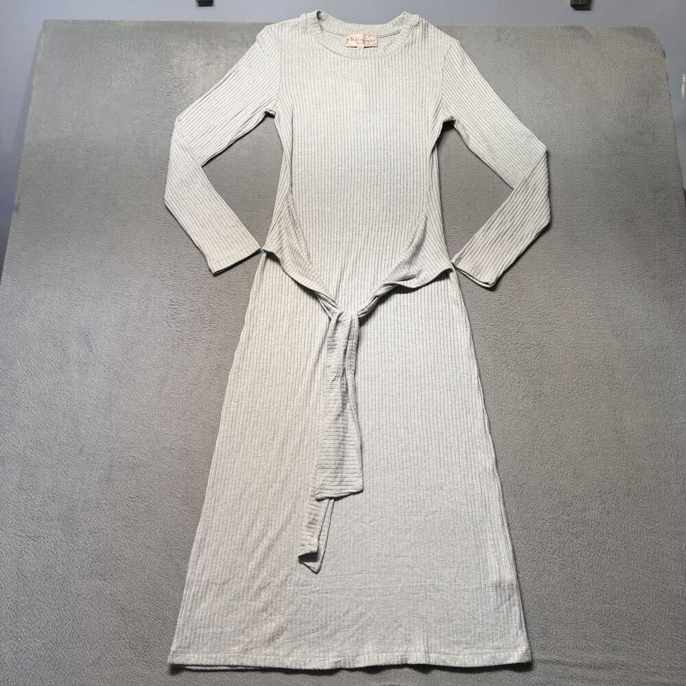 Philosophy Republic Clothing Womens S Gray Ribbed Sweater Dress Midi Tie Waist
